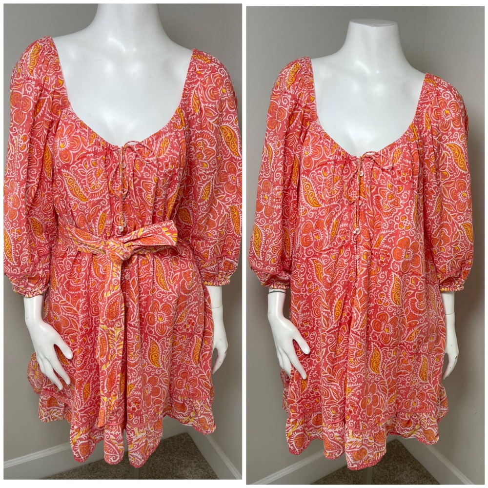 Cleobella Womens Pink Yellow Paisley Mini Dress Puff Sleeve Tie Waist Medium